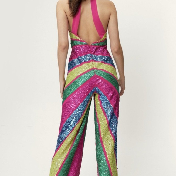 NWT Nasty Gal Color Block Wide Leg Sequin Jumpsuit - Picture 2 of 3